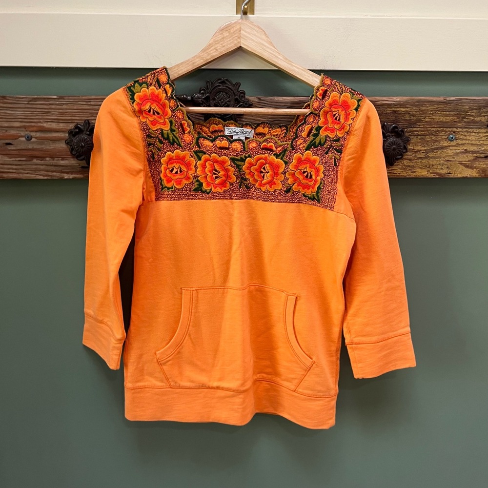 Lucky Brand Orange Floral Embroidered Square Neck Sweatshirt XS 3/4 Sleeve